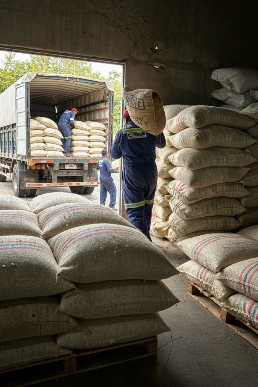 Trabajador cargando café con camión al fondo